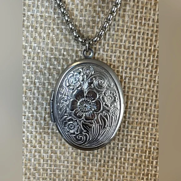 Floral Locket Necklace, Sterling Silver over Stainless Steel - Picture 9 of 9